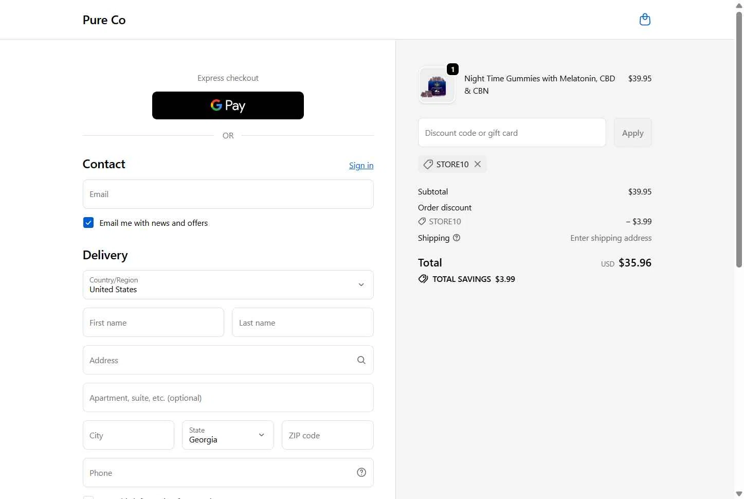 Pure Hemp checkout page showing Pure Hemp discount code box | Screenshot taken by SimplyCodes community member on Jan 11, 2026