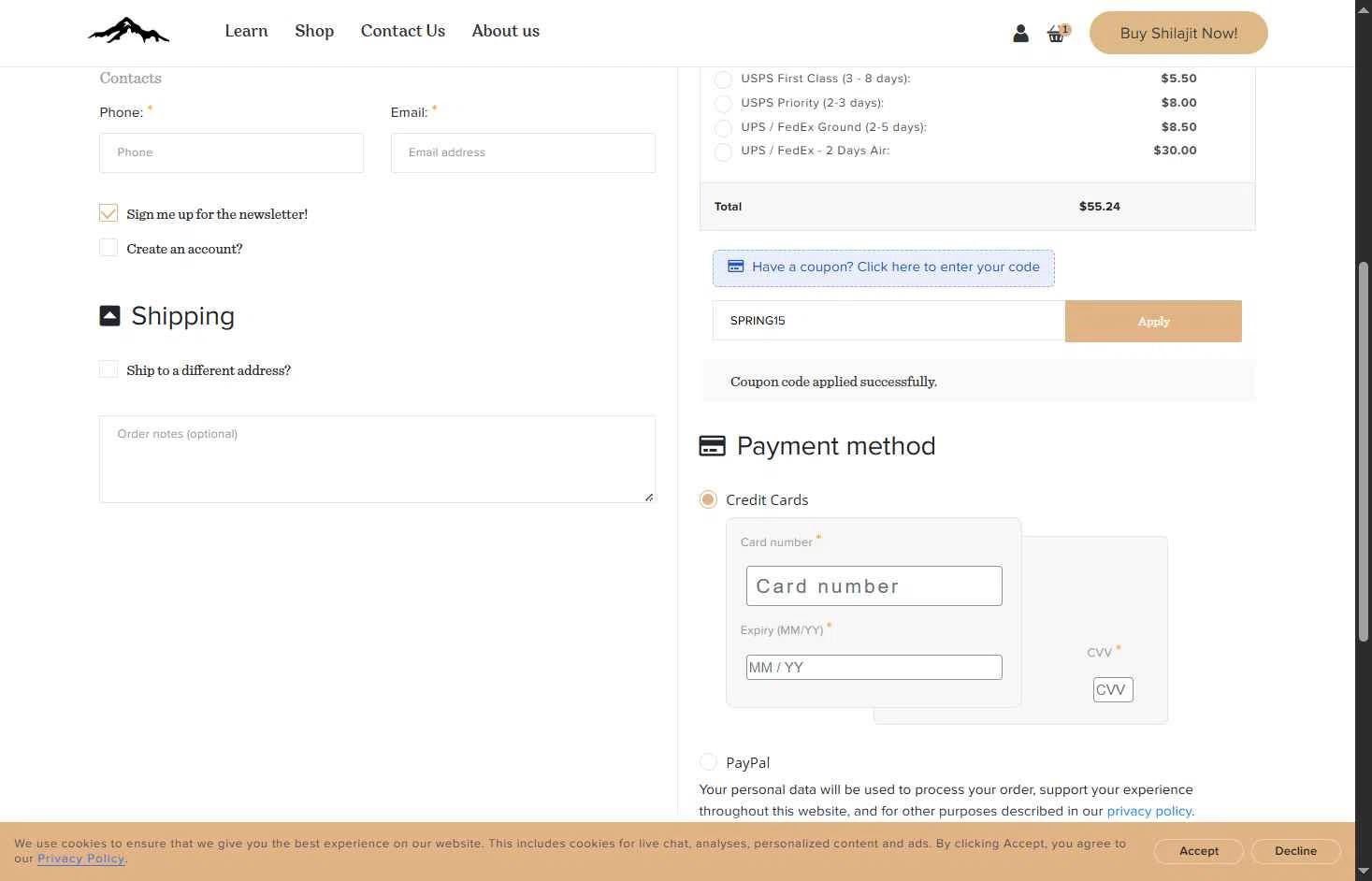 Pure Himalayan Shilajit checkout page showing Pure Himalayan Shilajit coupon code box | Screenshot taken by SimplyCodes community member on Dec 31, 2025