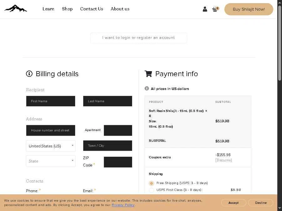 Pure Himalayan Shilajit checkout page showing Pure Himalayan Shilajit coupon code box | Screenshot taken by SimplyCodes community member on Dec 3, 2025