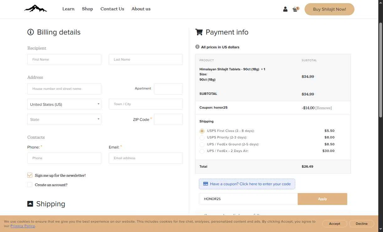 Pure Himalayan Shilajit checkout page showing Pure Himalayan Shilajit coupon code box | Screenshot taken by SimplyCodes community member on Dec 19, 2025