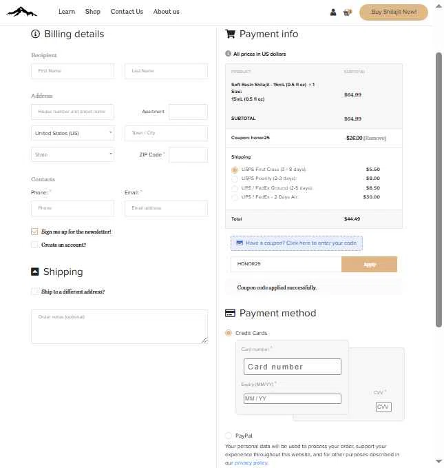 Pure Himalayan Shilajit checkout page showing Pure Himalayan Shilajit coupon code box | Screenshot taken by SimplyCodes community member on Jan 23, 2026