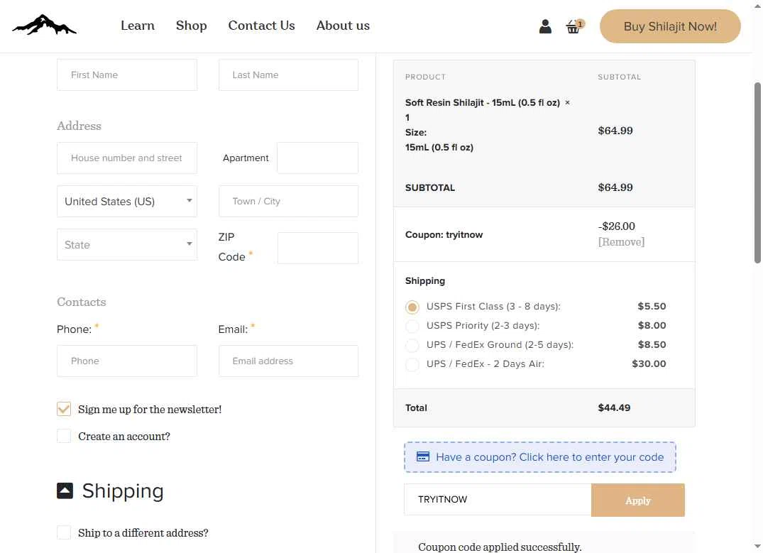 Pure Himalayan Shilajit checkout page showing Pure Himalayan Shilajit coupon code box | Screenshot taken by SimplyCodes community member on Dec 27, 2025