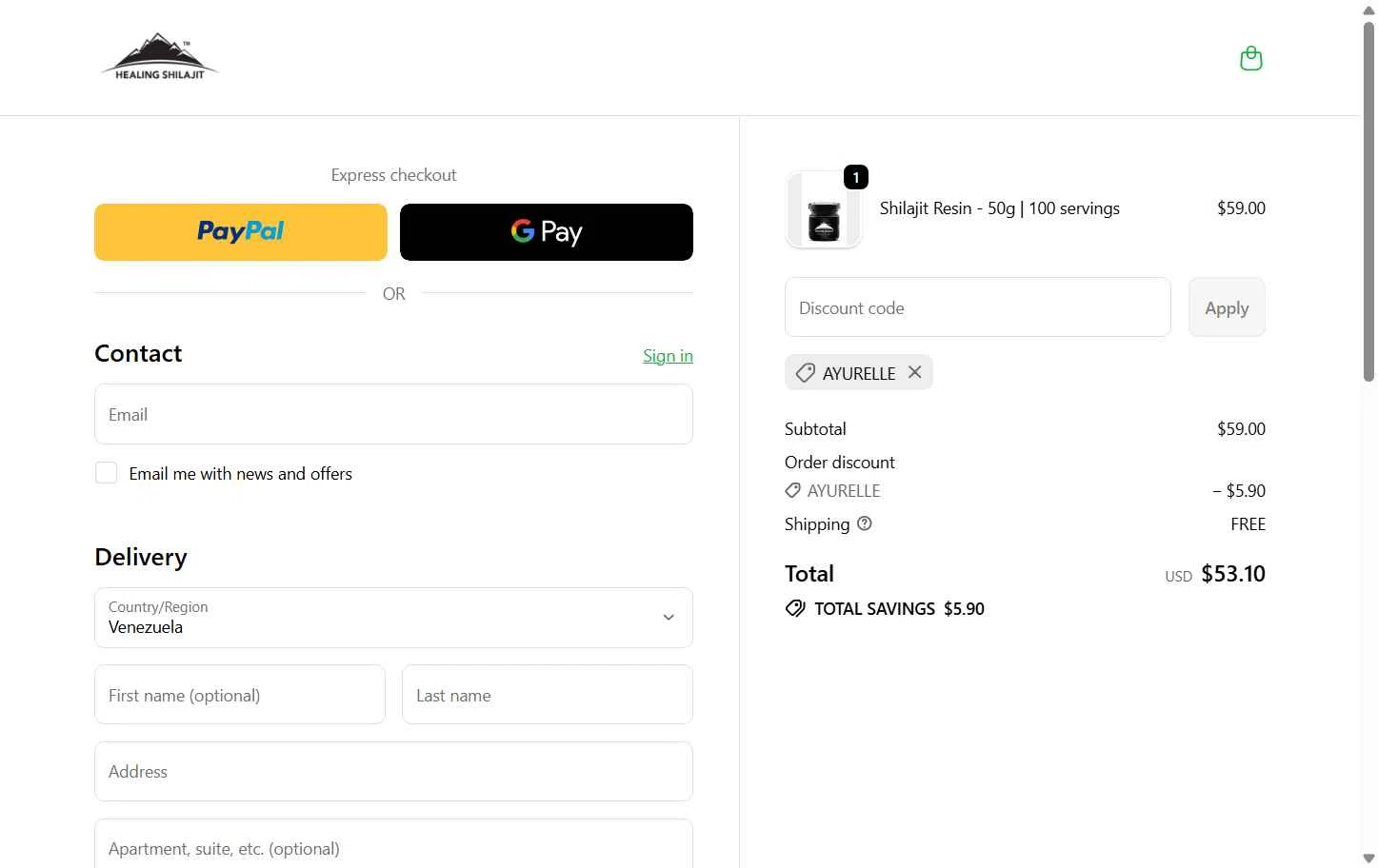Pure Himalayan Shilajit checkout page showing Pure Himalayan Shilajit coupon code box | Screenshot taken by SimplyCodes community member on Dec 11, 2025