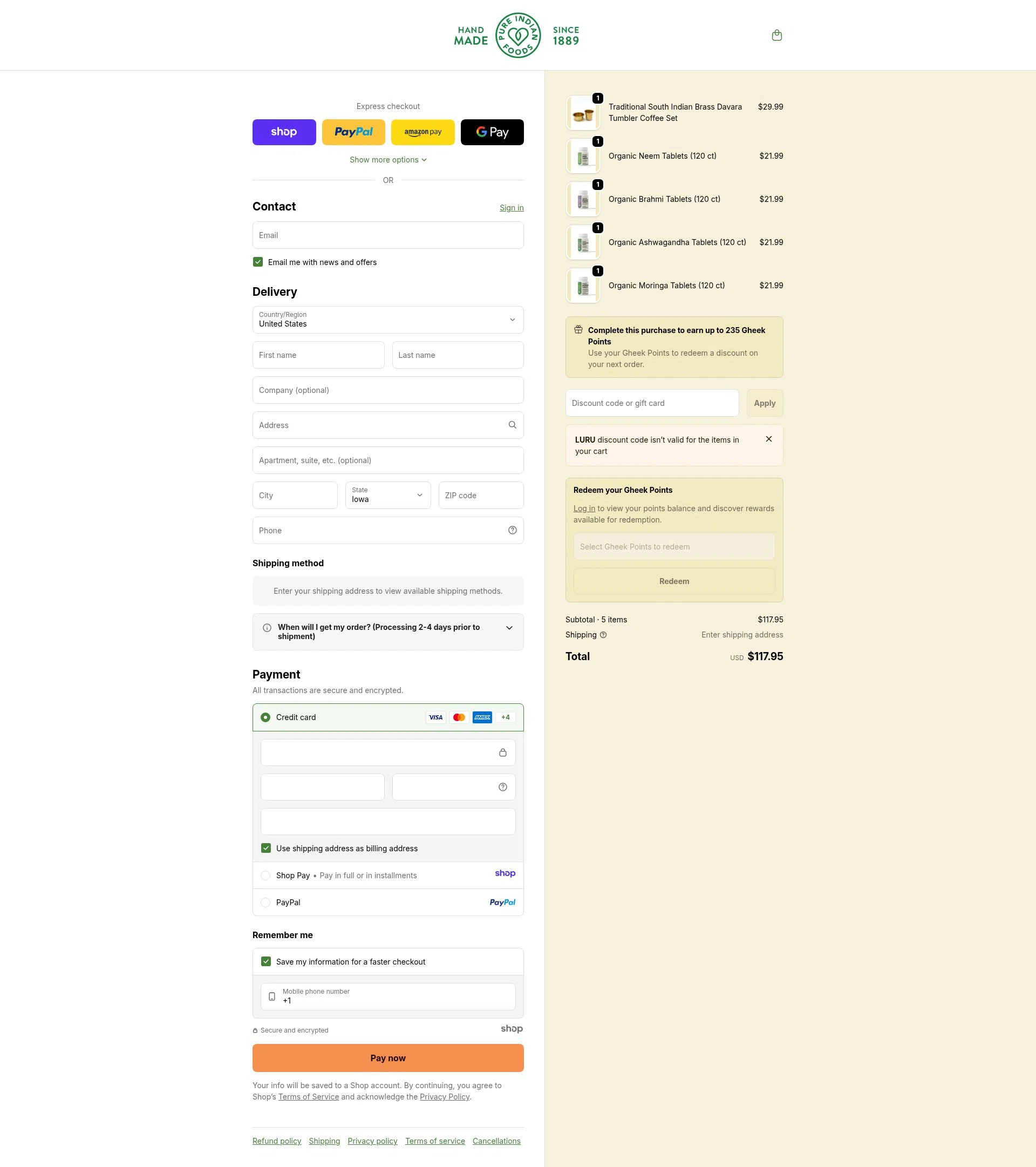 Pure Indian Foods checkout page showing Pure Indian Foods discount code box | Screenshot taken by SimplyCodes community member on Jan 1, 2026