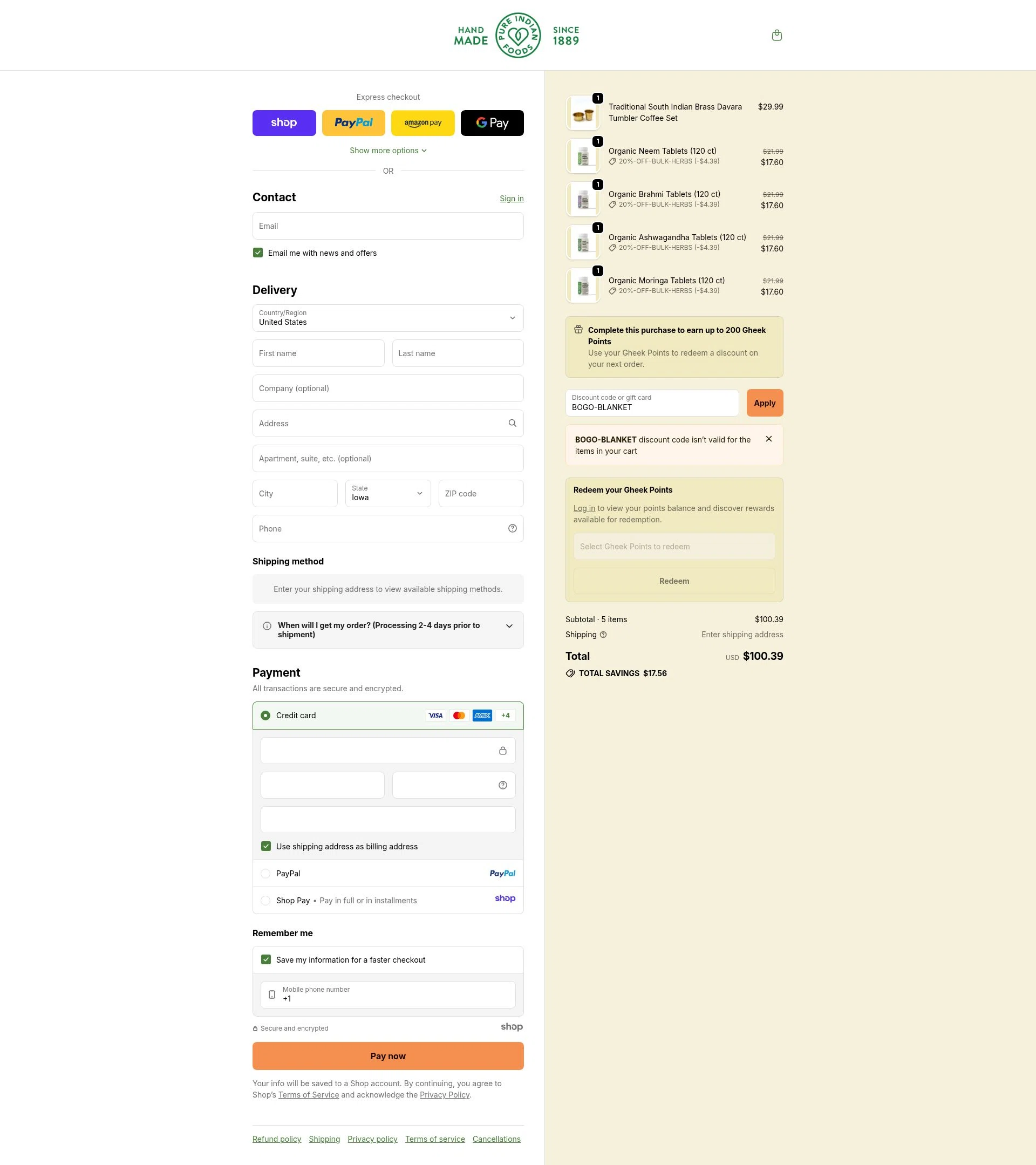 Pure Indian Foods checkout page showing Pure Indian Foods discount code box | Screenshot taken by SimplyCodes community member on Dec 15, 2025