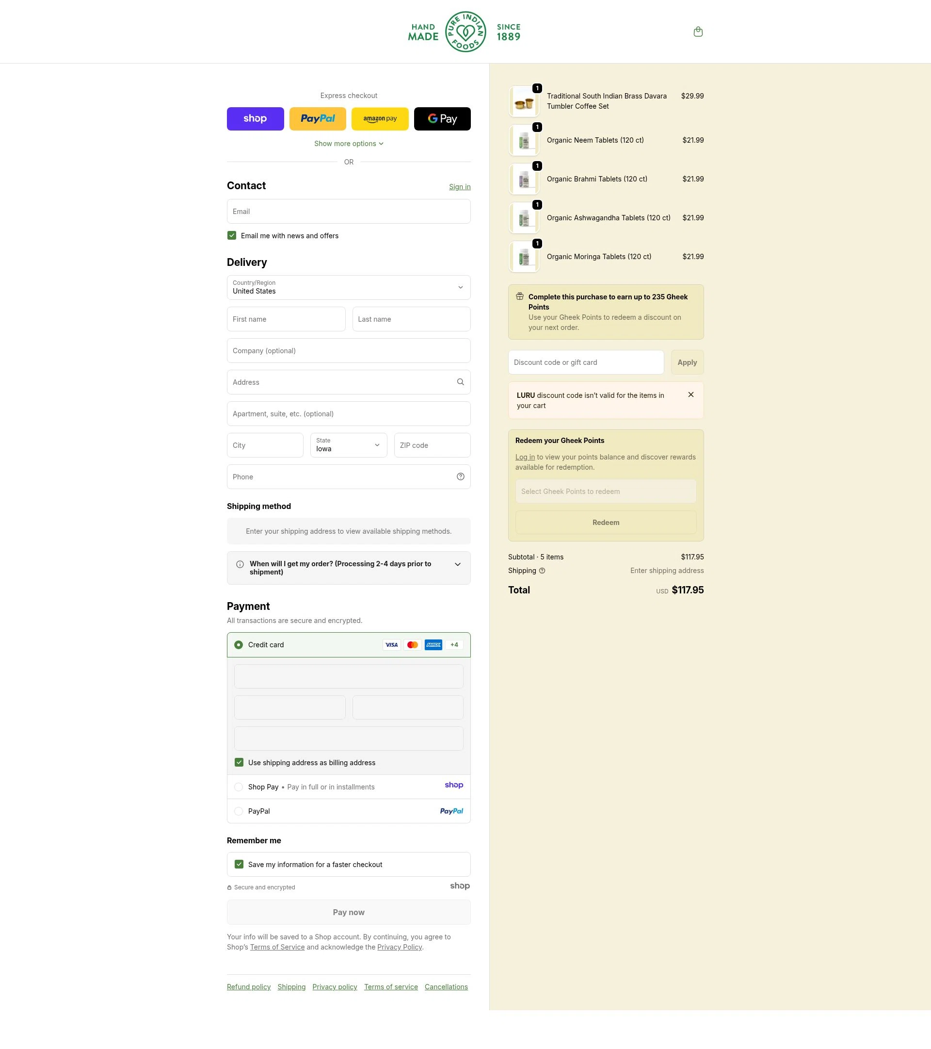 Pure Indian Foods checkout page showing Pure Indian Foods discount code box | Screenshot taken by SimplyCodes community member on Jan 1, 2026