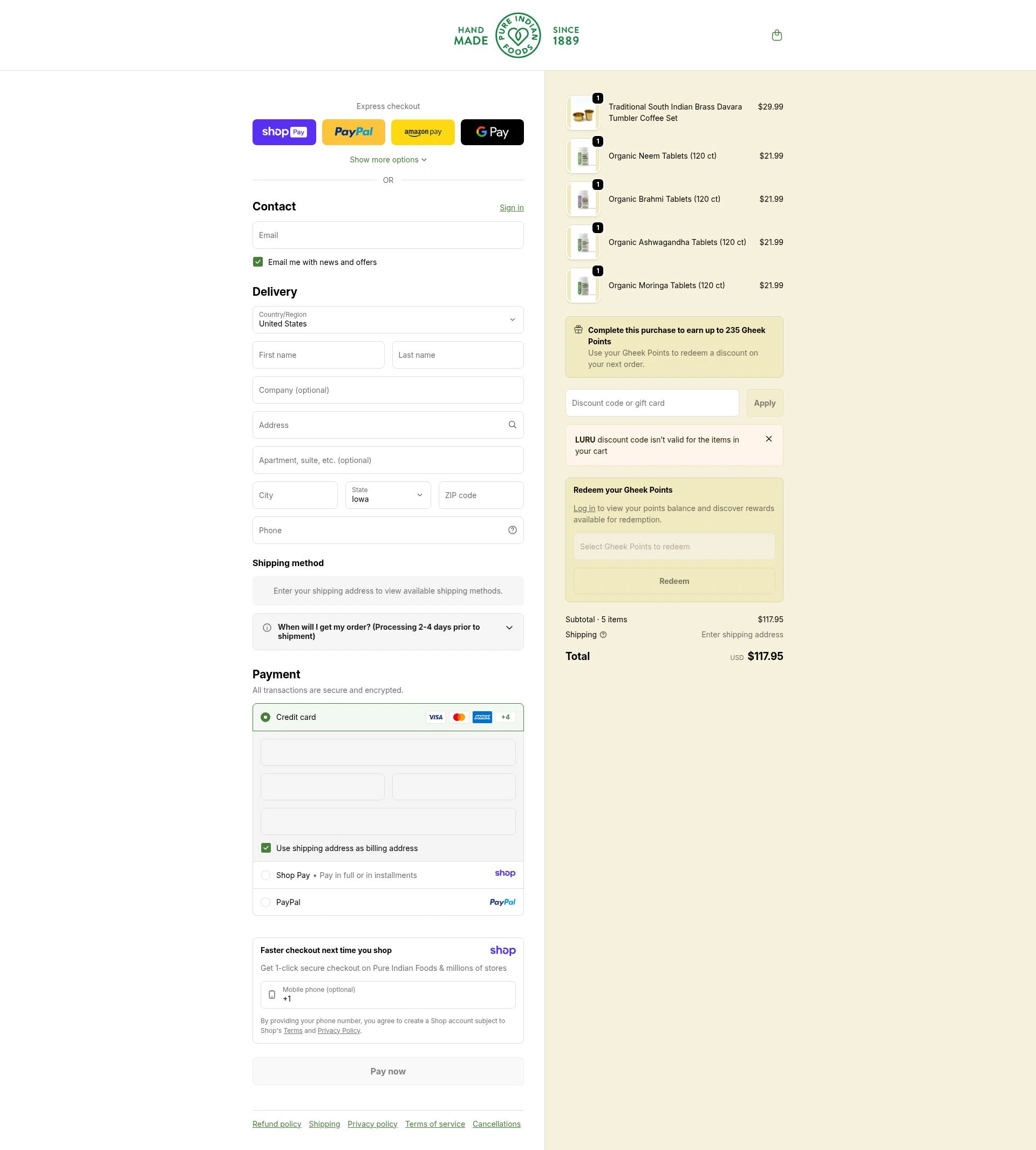 Pure Indian Foods checkout page showing Pure Indian Foods discount code box | Screenshot taken by SimplyCodes community member on Jan 11, 2026