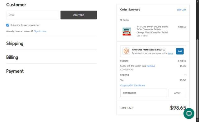Pure Leaf Kratom checkout page showing Pure Leaf Kratom coupon code box | Screenshot taken by SimplyCodes community member on Aug 22, 2025