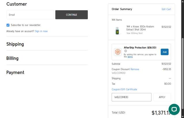 Pure Leaf Kratom checkout page showing Pure Leaf Kratom coupon code box | Screenshot taken by SimplyCodes community member on Aug 19, 2025