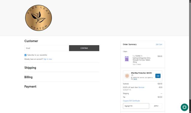 Pure Leaf Kratom checkout page showing Pure Leaf Kratom coupon code box | Screenshot taken by SimplyCodes community member on Sep 10, 2025