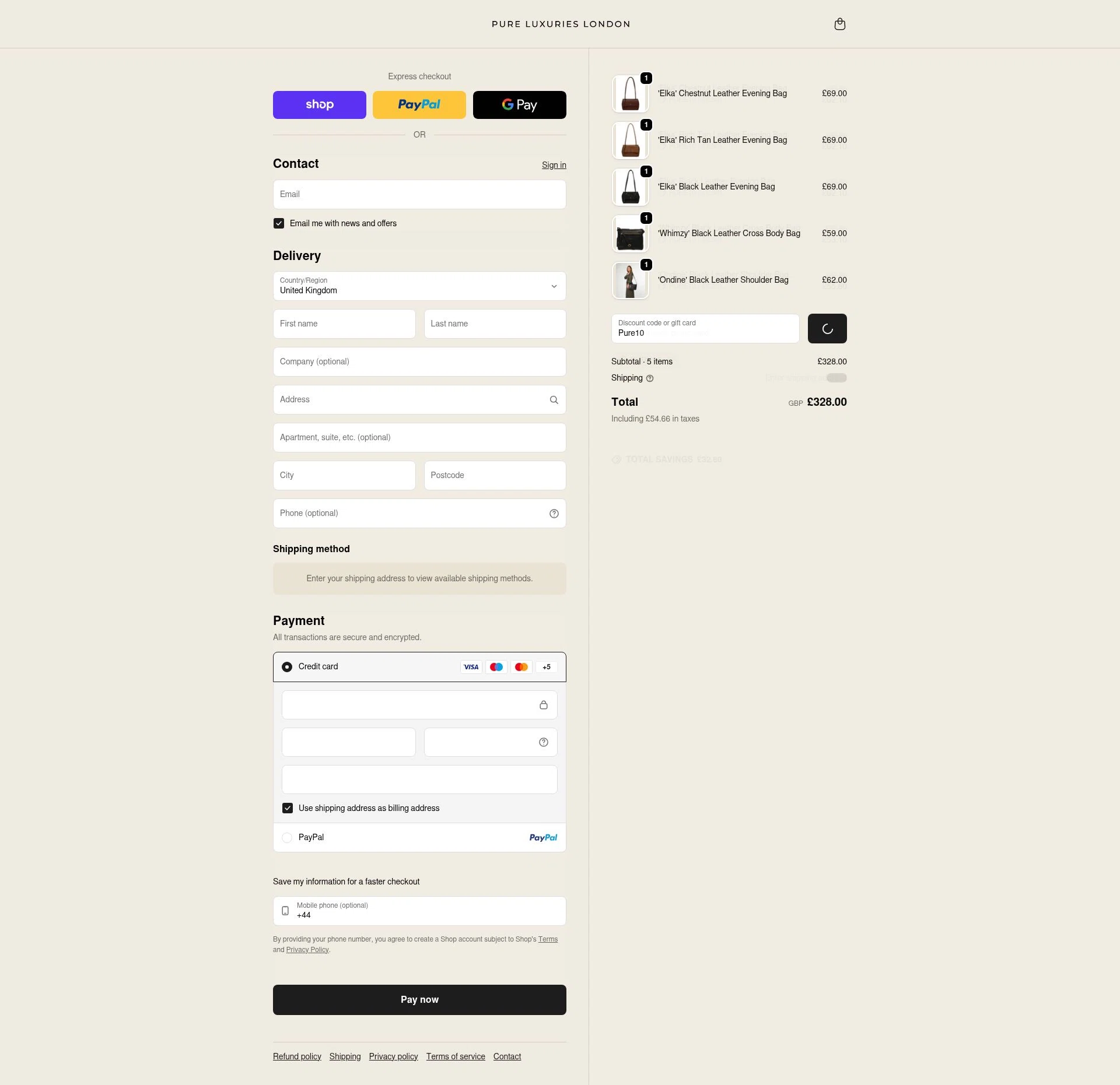 Pure Luxuries checkout page showing Pure Luxuries discount code box | Screenshot taken by SimplyCodes community member on Feb 5, 2026
