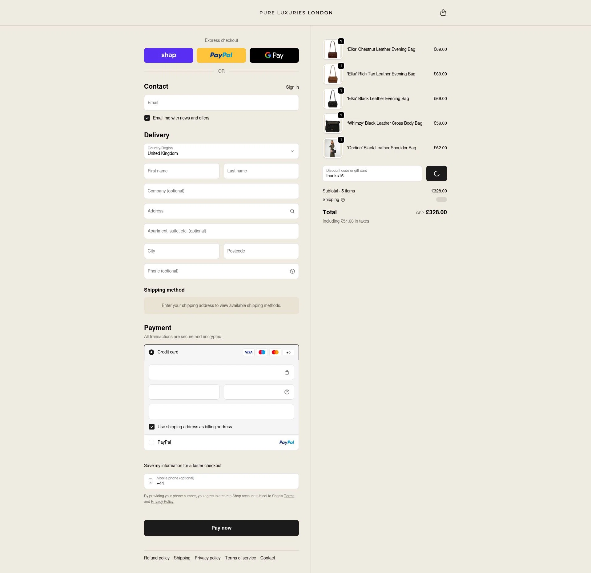 Pure Luxuries checkout page showing Pure Luxuries discount code box | Screenshot taken by SimplyCodes community member on Feb 5, 2026