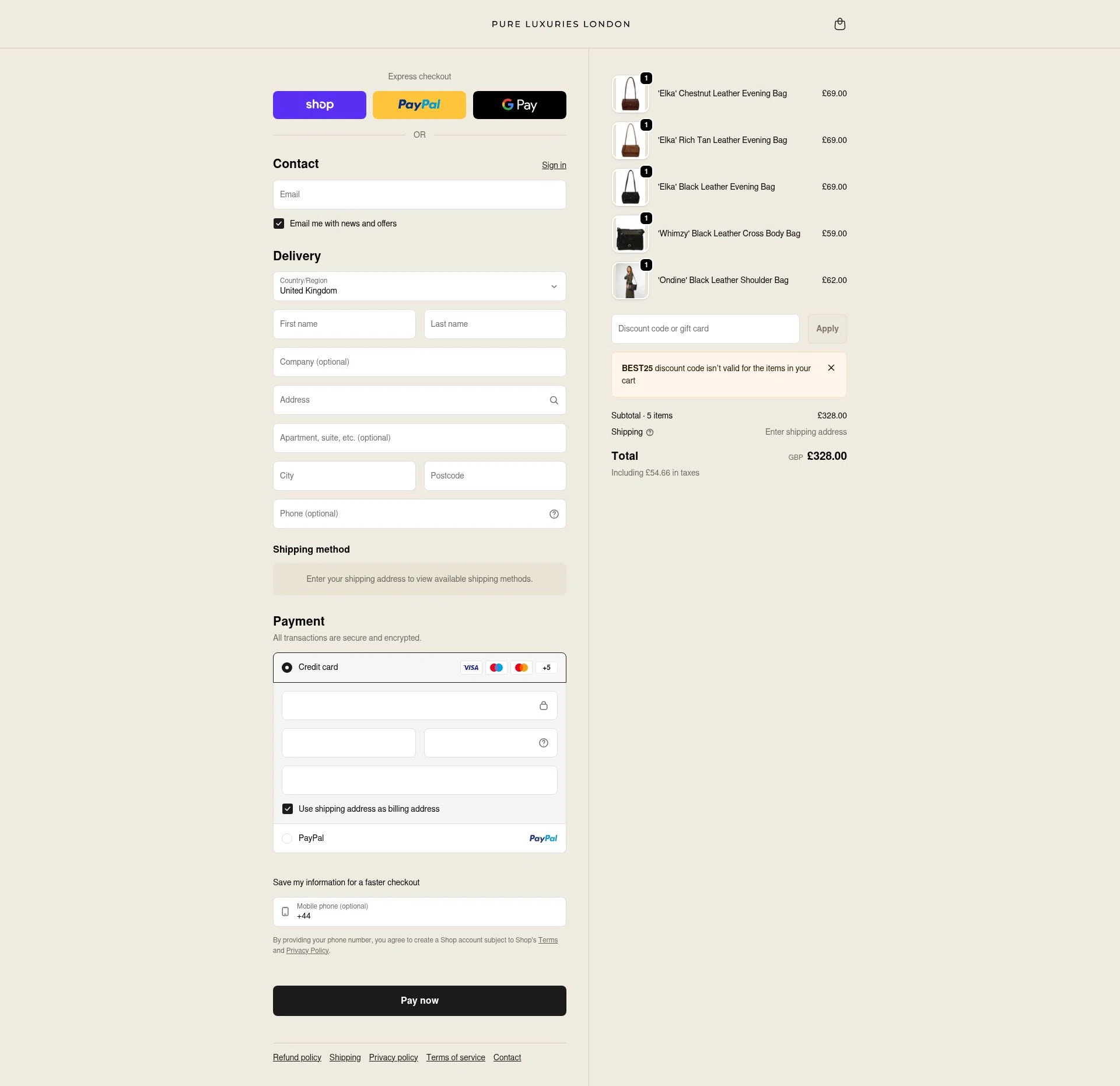 Pure Luxuries checkout page showing Pure Luxuries discount code box | Screenshot taken by SimplyCodes community member on Feb 5, 2026