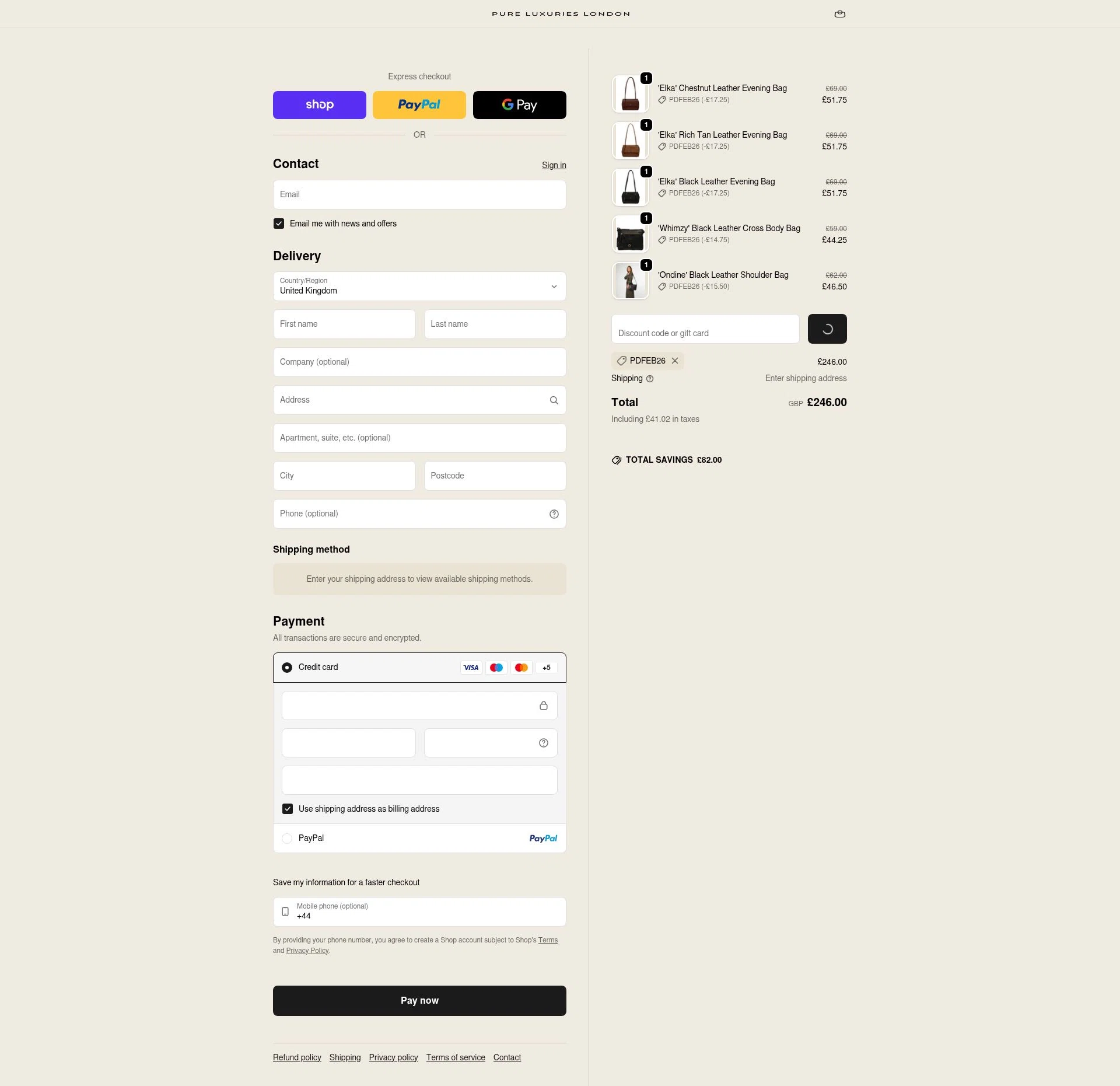 Pure Luxuries checkout page showing Pure Luxuries discount code box | Screenshot taken by SimplyCodes community member on Feb 5, 2026