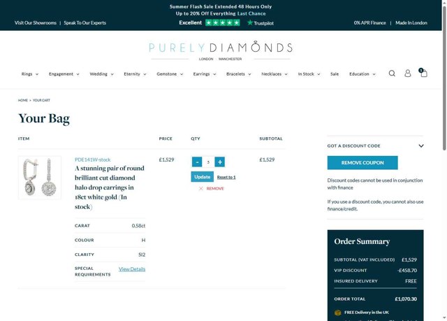 Purely Diamonds checkout page showing Purely Diamonds promo code box | Screenshot taken by SimplyCodes community member on Jul 21, 2025