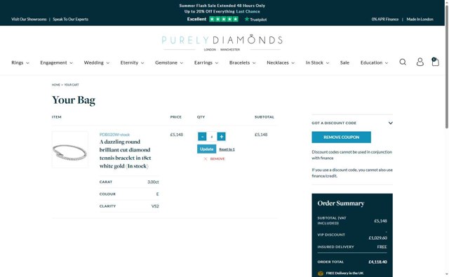 Purely Diamonds checkout page showing Purely Diamonds promo code box | Screenshot taken by SimplyCodes community member on Aug 19, 2025