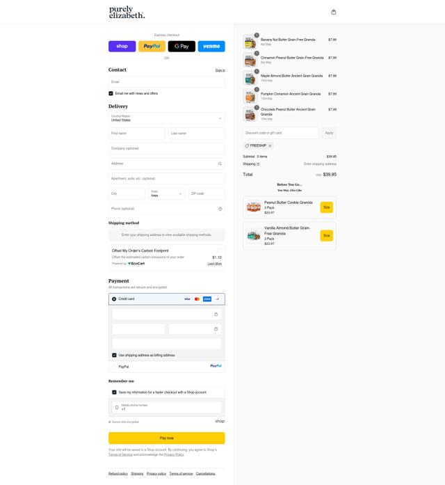 Purely Elizabeth checkout page showing Purely Elizabeth discount code box | Screenshot taken by SimplyCodes community member on Sep 13, 2025