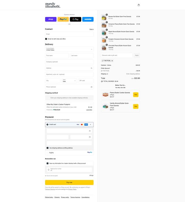 Purely Elizabeth checkout page showing Purely Elizabeth discount code box | Screenshot taken by SimplyCodes community member on Sep 13, 2025