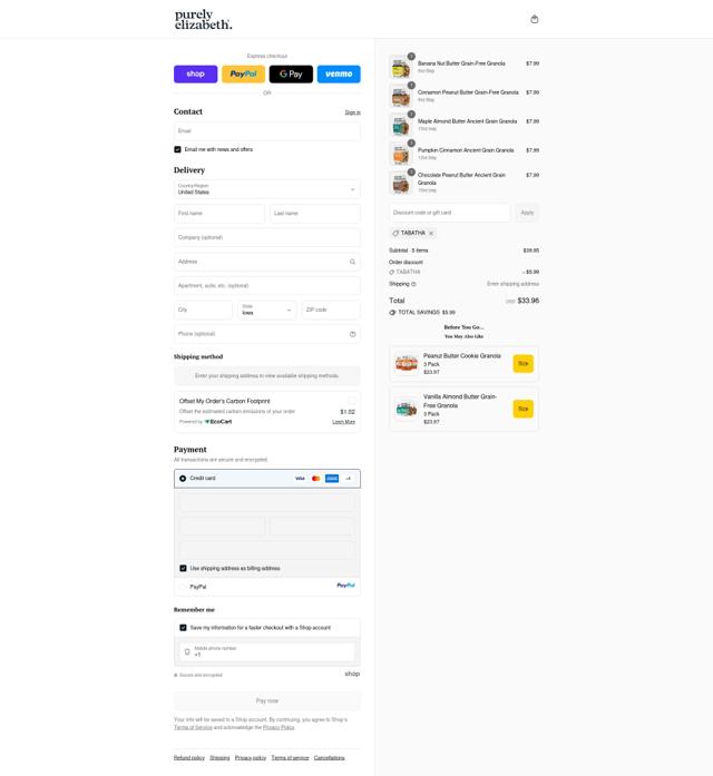 Purely Elizabeth checkout page showing Purely Elizabeth discount code box | Screenshot taken by SimplyCodes community member on Sep 13, 2025