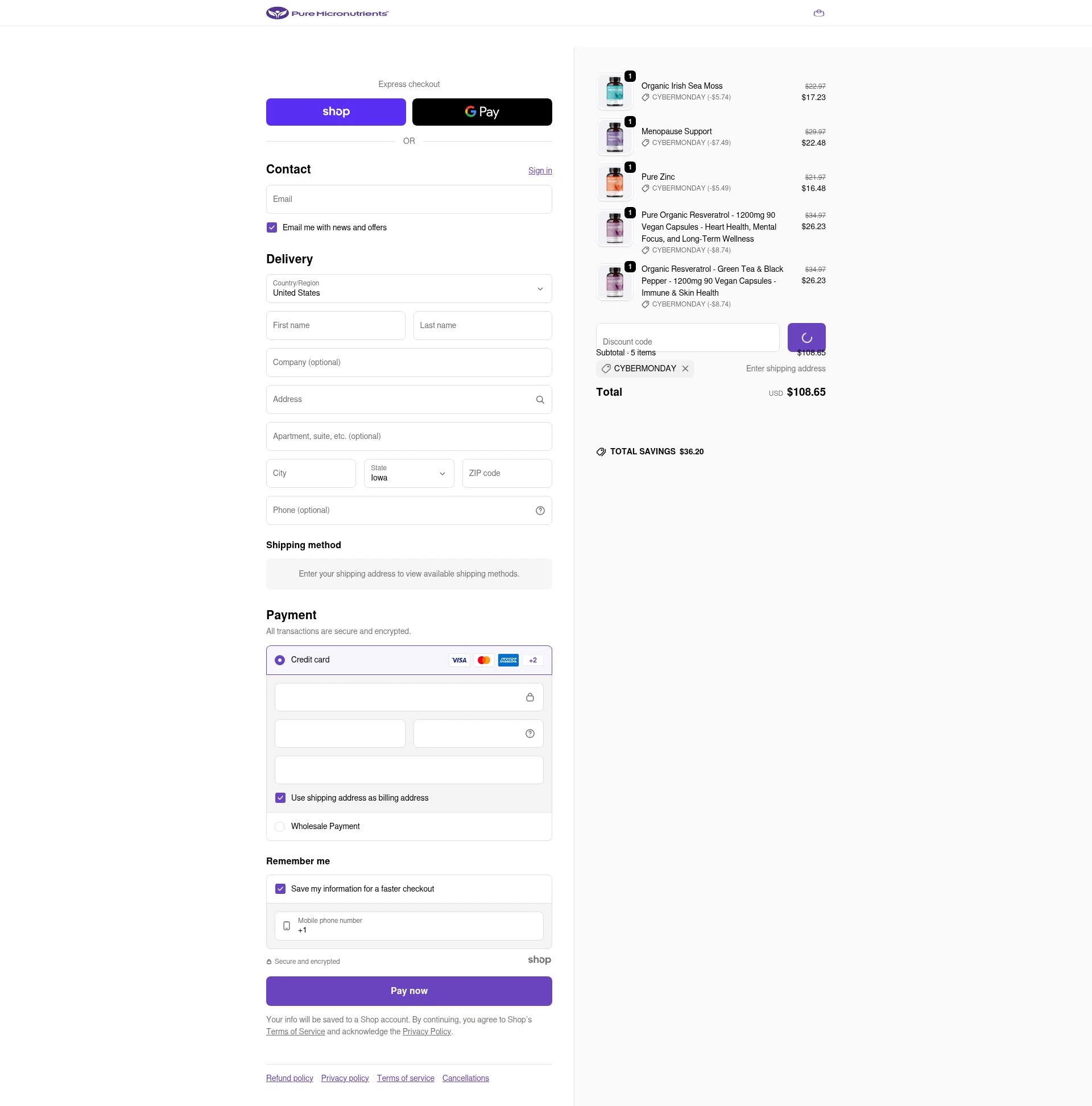 Pure Micronutrients checkout page showing Pure Micronutrients discount code box | Screenshot taken by SimplyCodes community member on Jan 7, 2026