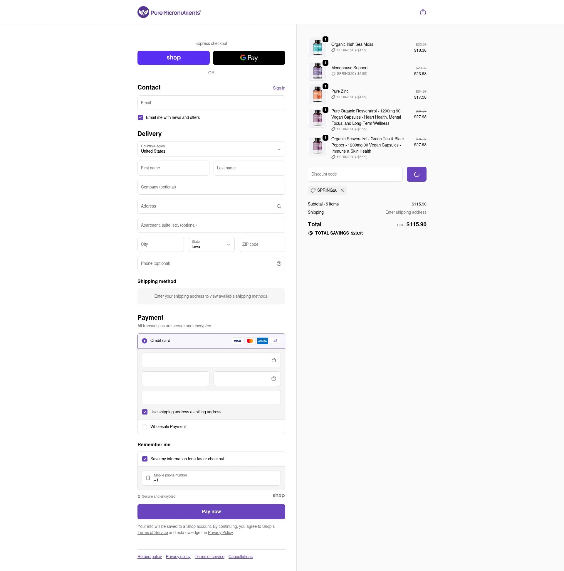 Pure Micronutrients checkout page showing Pure Micronutrients discount code box | Screenshot taken by SimplyCodes community member on Jan 7, 2026