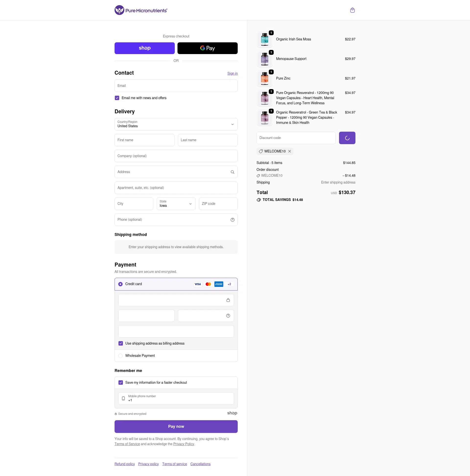 Pure Micronutrients checkout page showing Pure Micronutrients discount code box | Screenshot taken by SimplyCodes community member on Jan 7, 2026