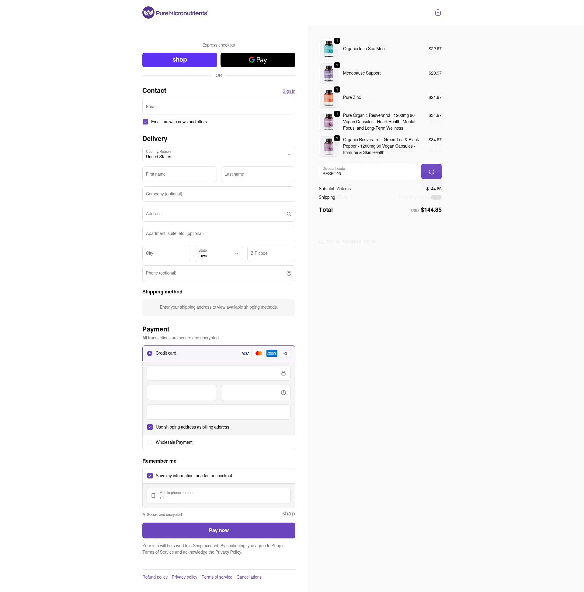 Pure Micronutrients checkout page showing Pure Micronutrients discount code box | Screenshot taken by SimplyCodes community member on Jan 7, 2026