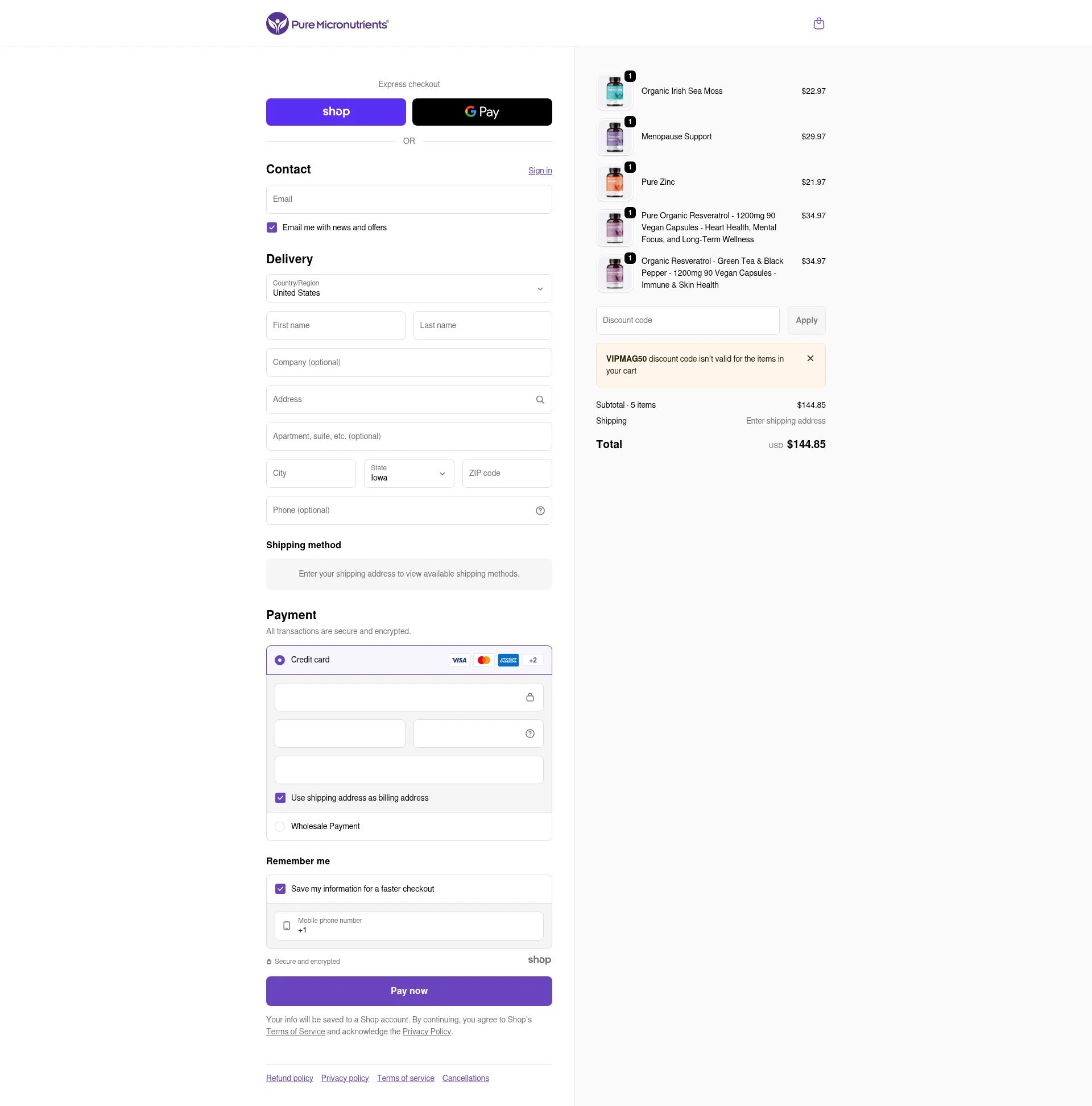 Pure Micronutrients checkout page showing Pure Micronutrients discount code box | Screenshot taken by SimplyCodes community member on Jan 7, 2026