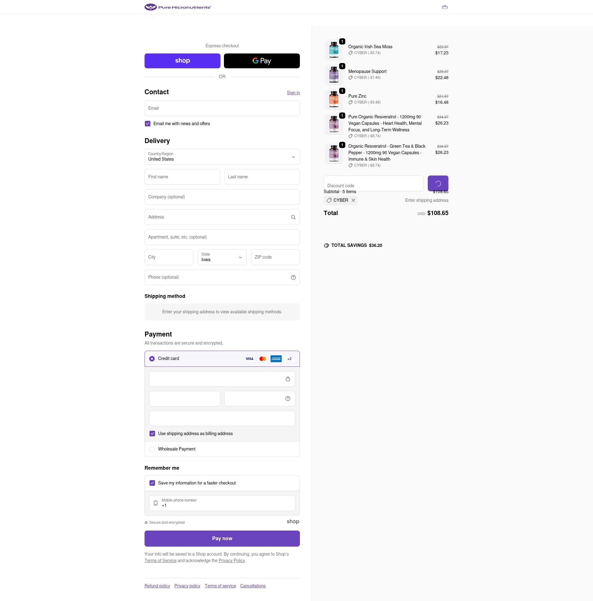 Pure Micronutrients checkout page showing Pure Micronutrients discount code box | Screenshot taken by SimplyCodes community member on Jan 7, 2026