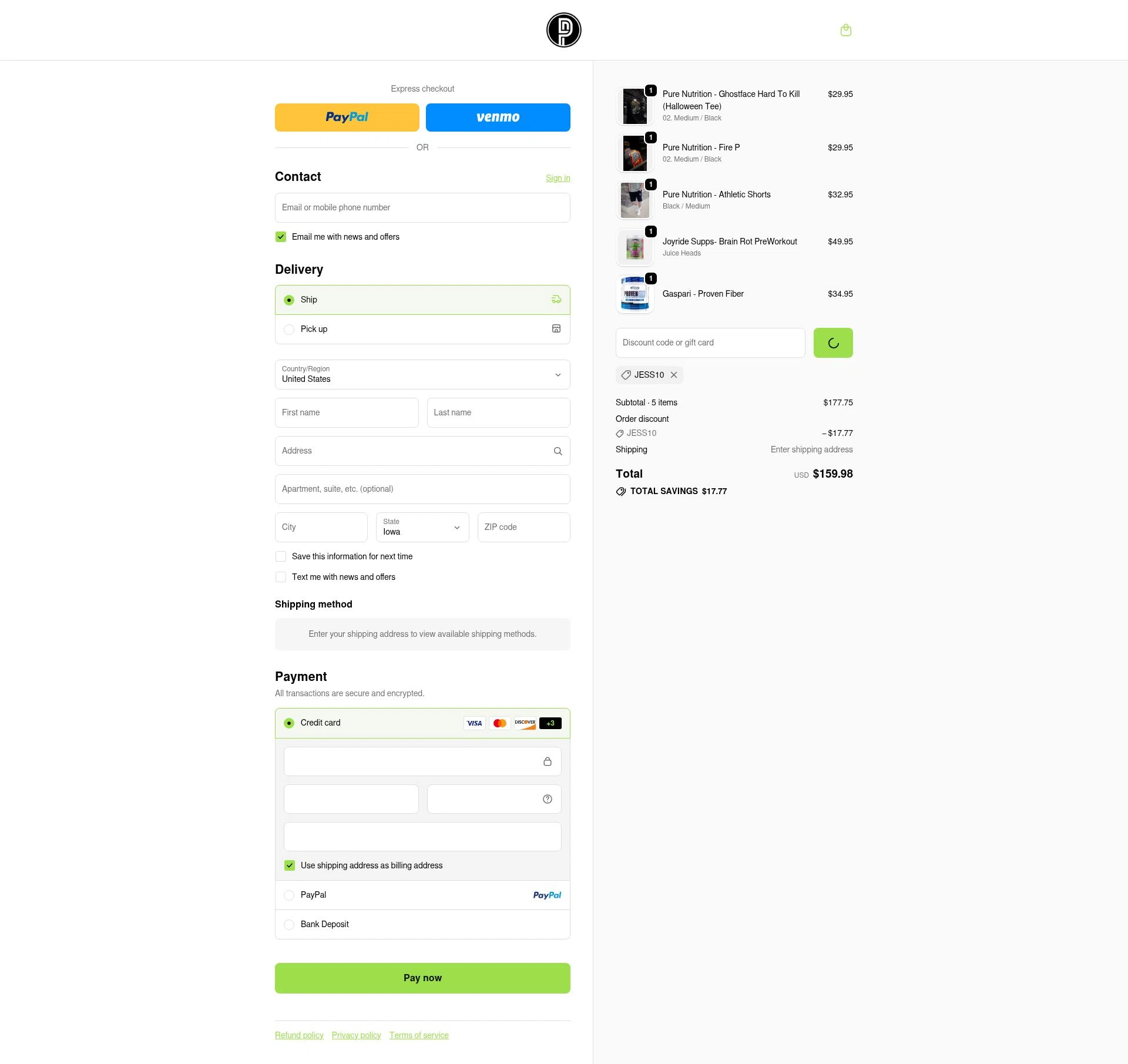 Pure Nutrition checkout page showing Pure Nutrition discount code box | Screenshot taken by SimplyCodes community member on Feb 10, 2026