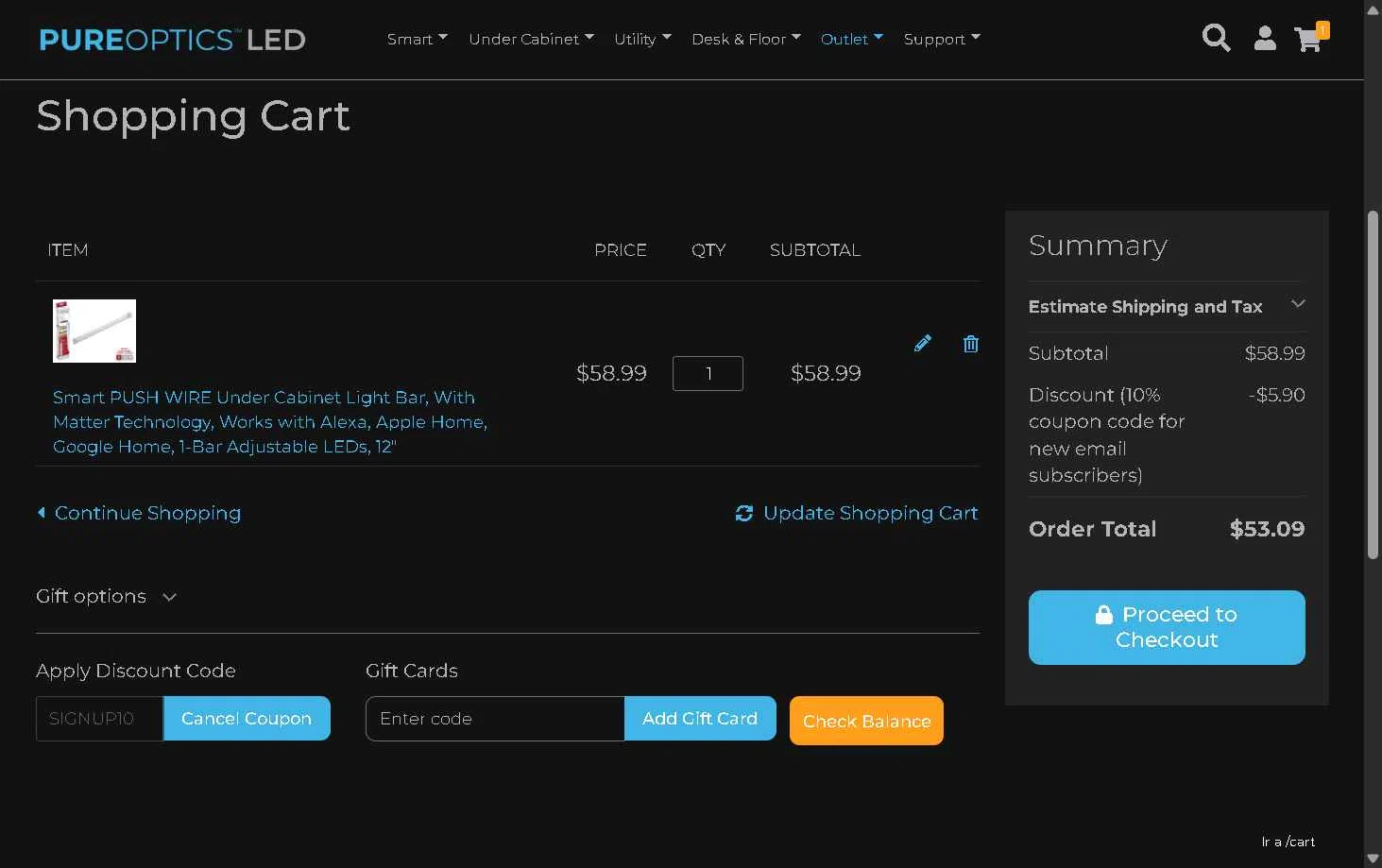PureOptics LED checkout page showing PureOptics LED promo code box | Screenshot taken by SimplyCodes community member on Dec 2, 2025