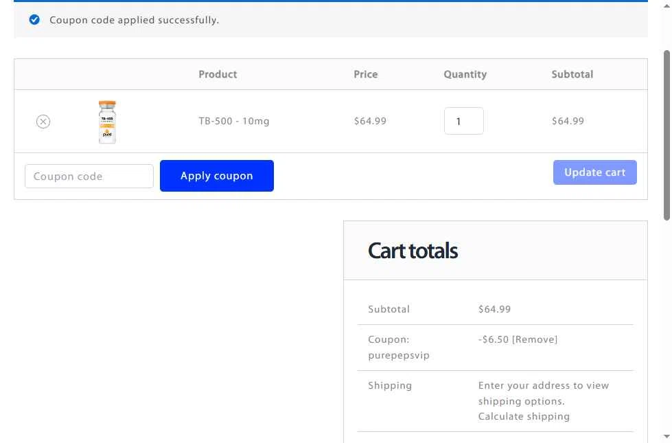 Pure Peps checkout page showing Pure Peps discount code box | Screenshot taken by SimplyCodes community member on Sep 3, 2025