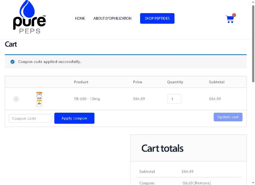 Pure Peps checkout page showing Pure Peps discount code box | Screenshot taken by SimplyCodes community member on Sep 11, 2025