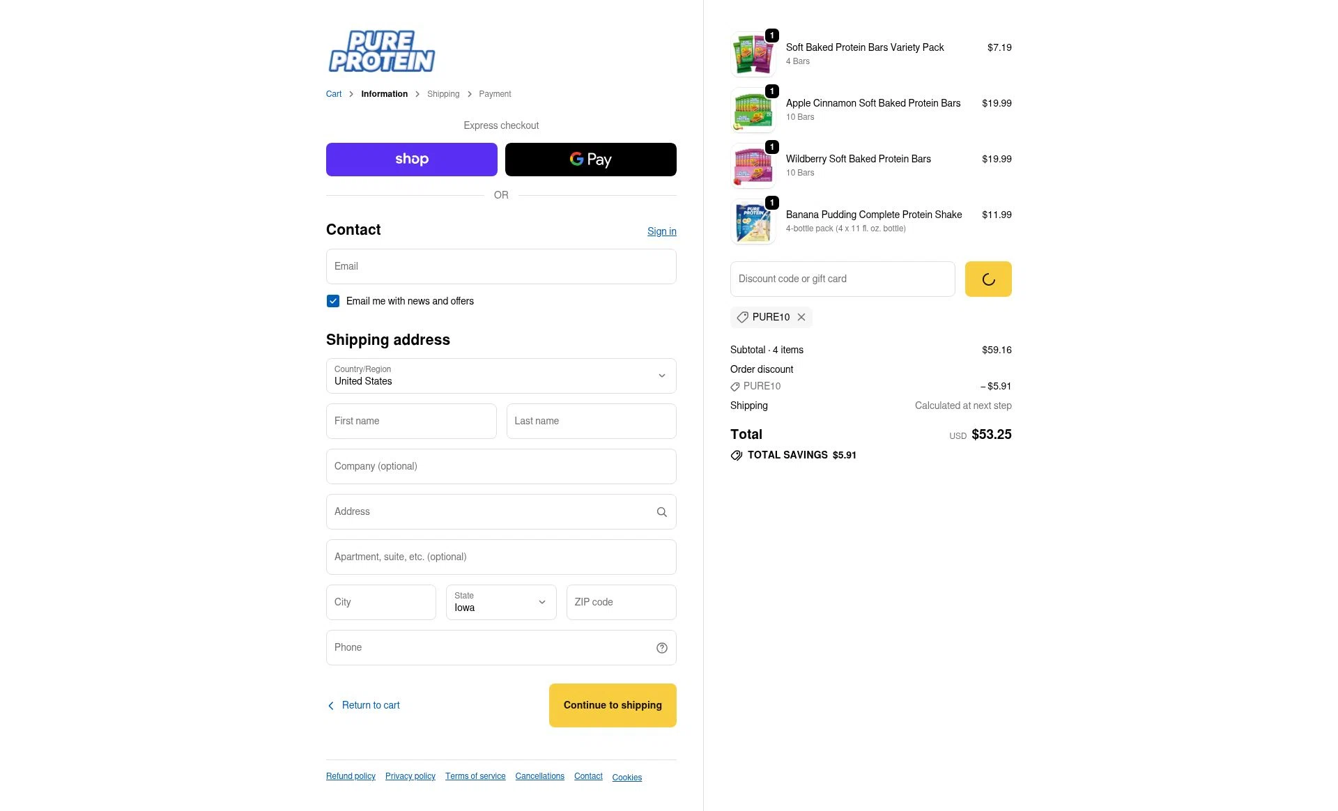 Pure Protein checkout page showing Pure Protein promo code box | Screenshot taken by SimplyCodes community member on Jan 1, 2026