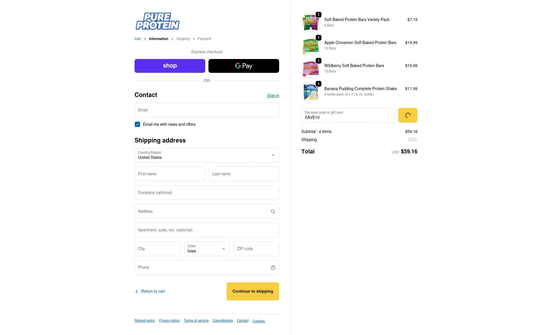 Pure Protein checkout page showing Pure Protein promo code box | Screenshot taken by SimplyCodes community member on Dec 27, 2025