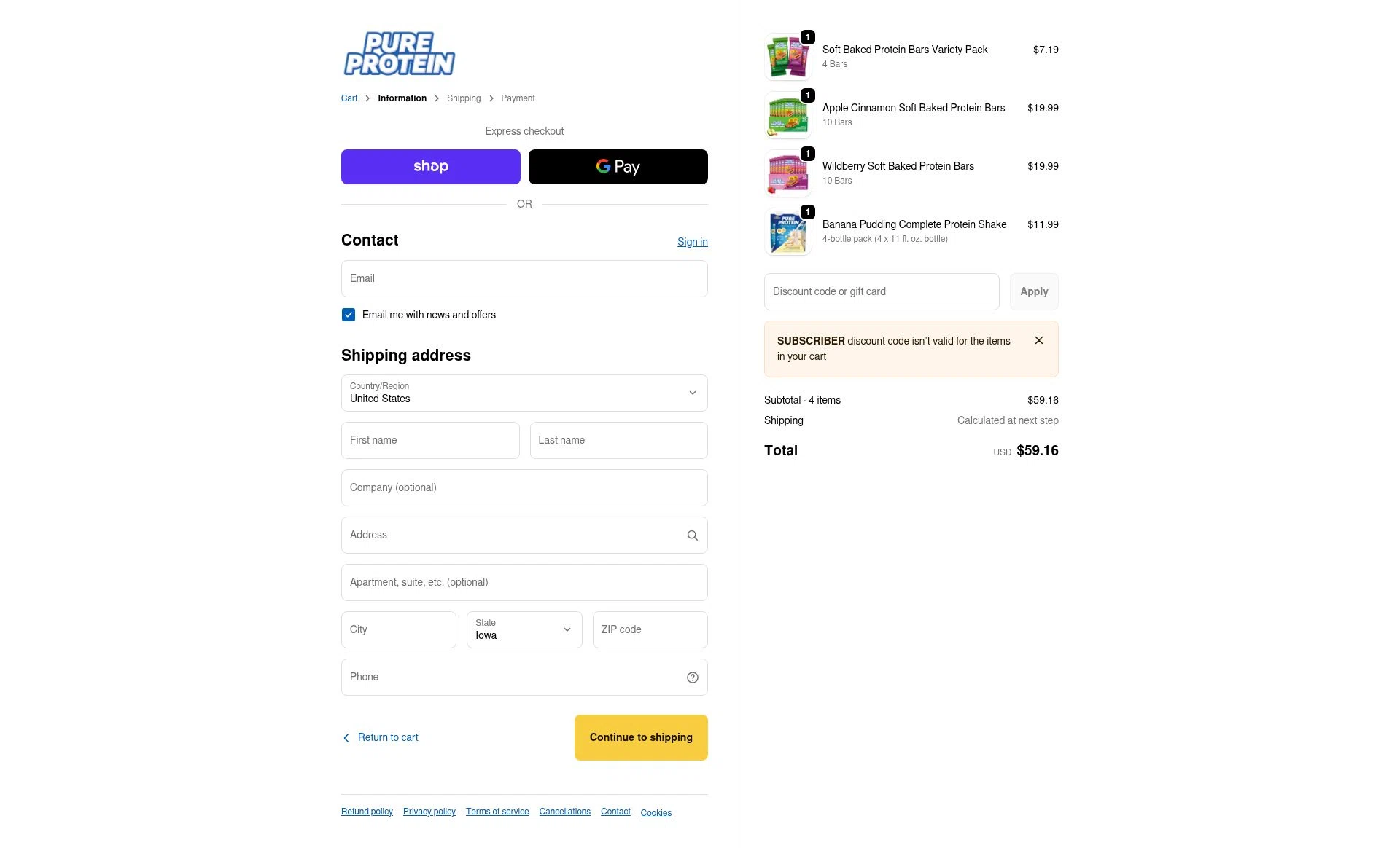 Pure Protein checkout page showing Pure Protein promo code box | Screenshot taken by SimplyCodes community member on Jan 1, 2026