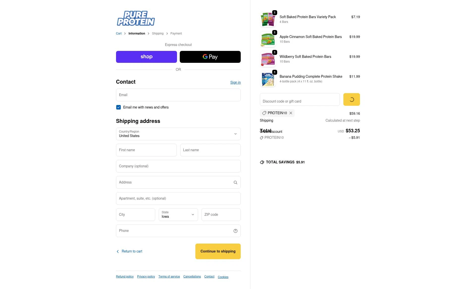 Pure Protein checkout page showing Pure Protein promo code box | Screenshot taken by SimplyCodes community member on Jan 1, 2026