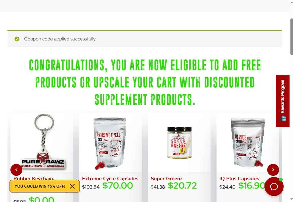 Pure Rawz checkout page showing Pure Rawz coupon code box | Screenshot taken by SimplyCodes community member on Jan 24, 2026
