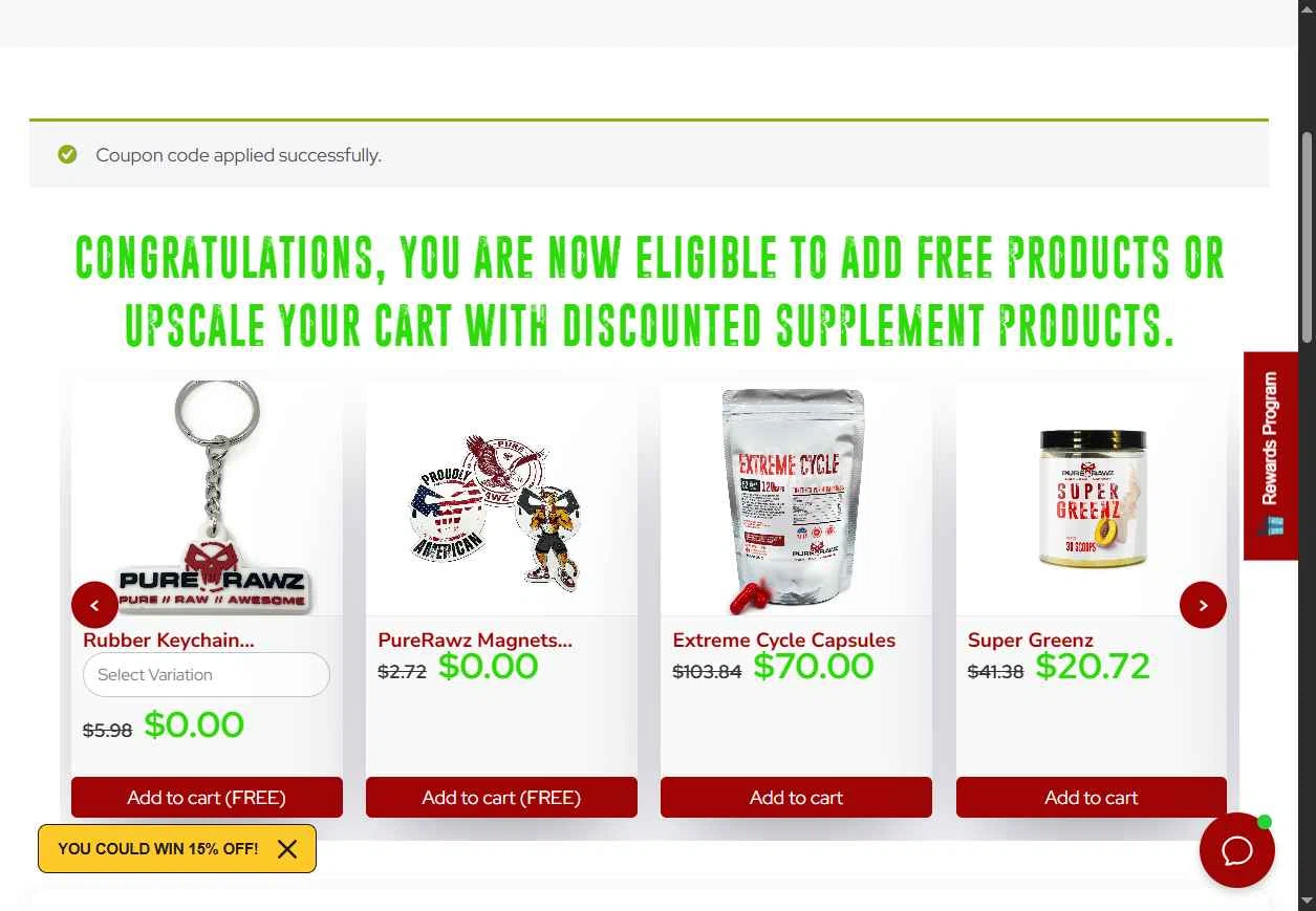Pure Rawz checkout page showing Pure Rawz coupon code box | Screenshot taken by SimplyCodes community member on Jan 18, 2026