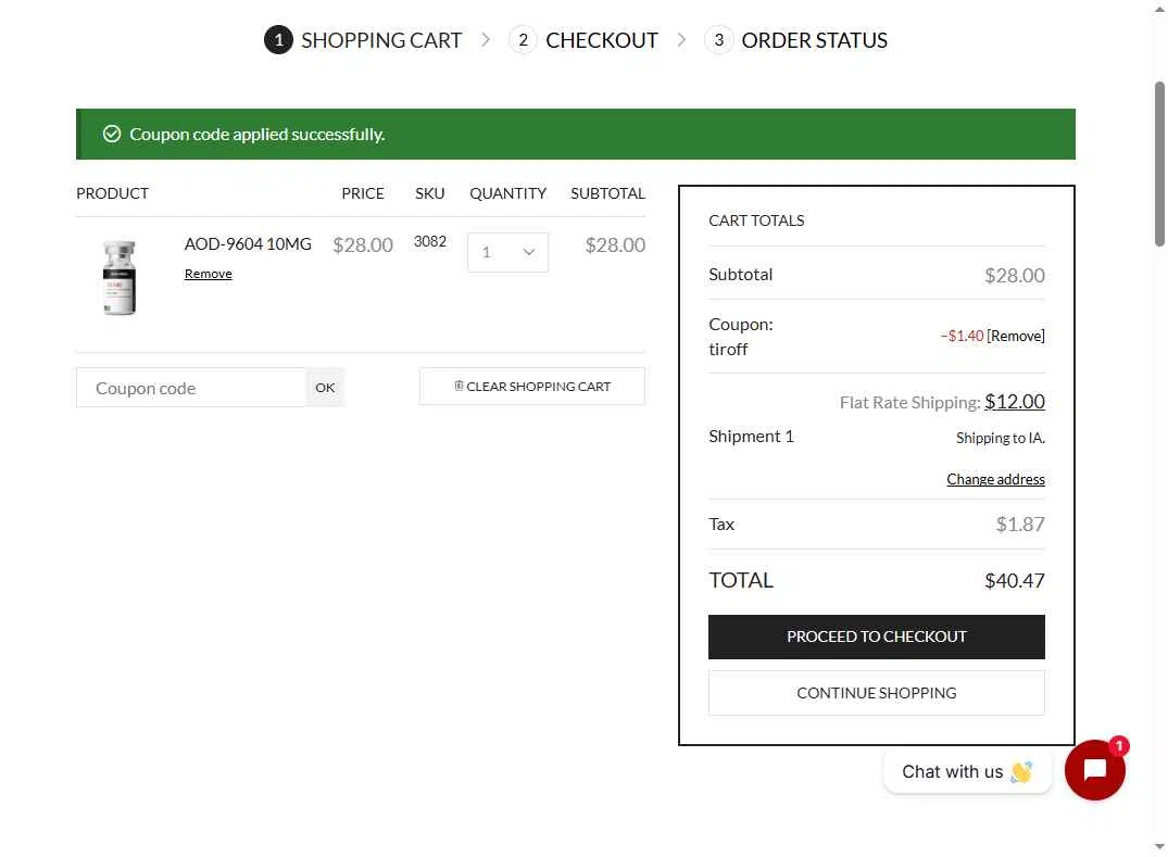 PureRx Peptides checkout page showing PureRx Peptides promo code box | Screenshot taken by SimplyCodes community member on Feb 11, 2026