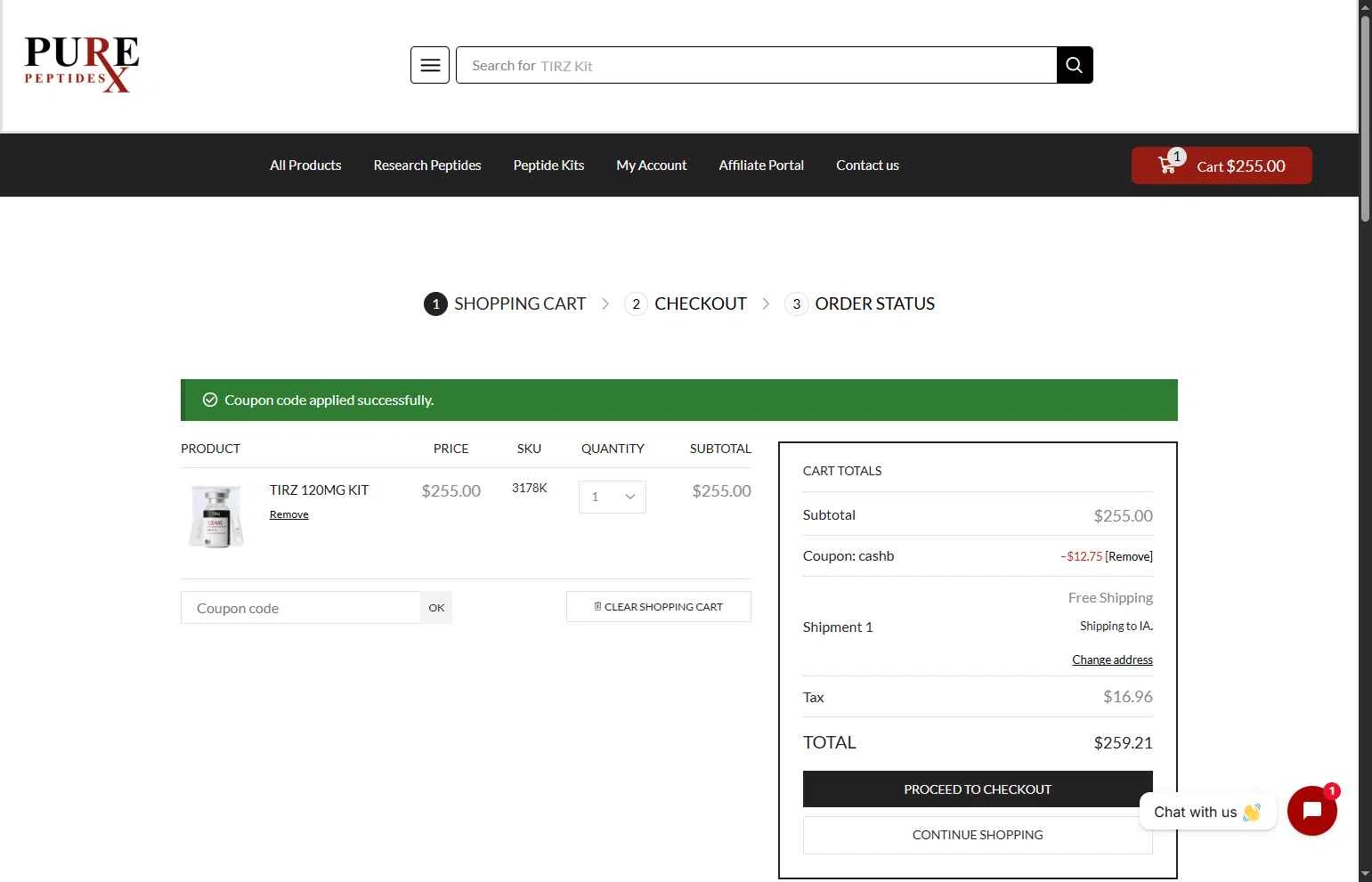PureRx Peptides checkout page showing PureRx Peptides promo code box | Screenshot taken by SimplyCodes community member on Feb 9, 2026