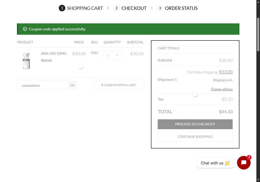 PureRx Peptides checkout page showing PureRx Peptides promo code box | Screenshot taken by SimplyCodes community member on Feb 10, 2026