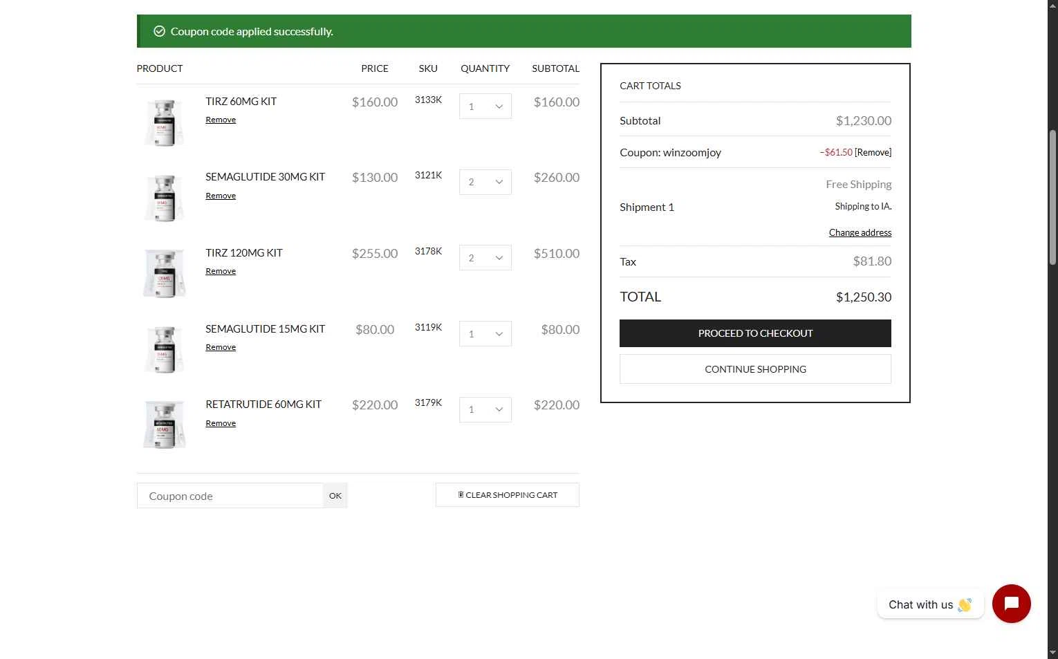 PureRx Peptides checkout page showing PureRx Peptides promo code box | Screenshot taken by SimplyCodes community member on Feb 10, 2026