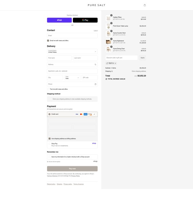 Pure Salt checkout page showing Pure Salt discount code box | Screenshot taken by SimplyCodes community member on Aug 30, 2025