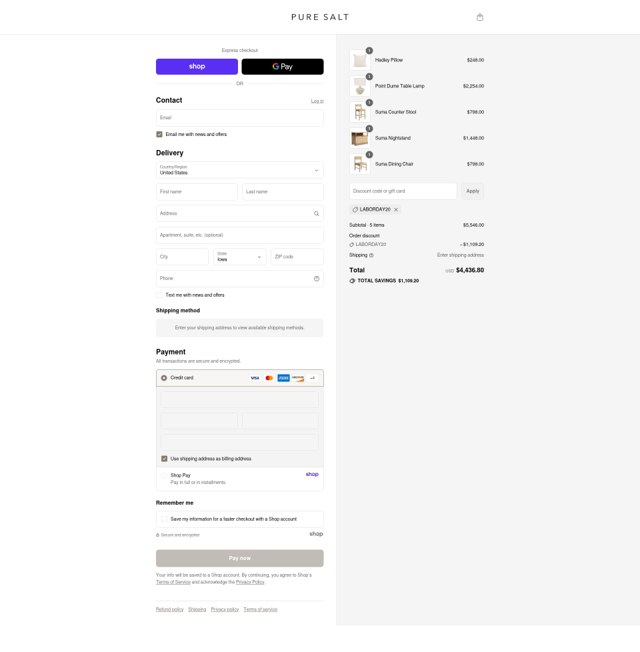 Pure Salt checkout page showing Pure Salt discount code box | Screenshot taken by SimplyCodes community member on Aug 30, 2025