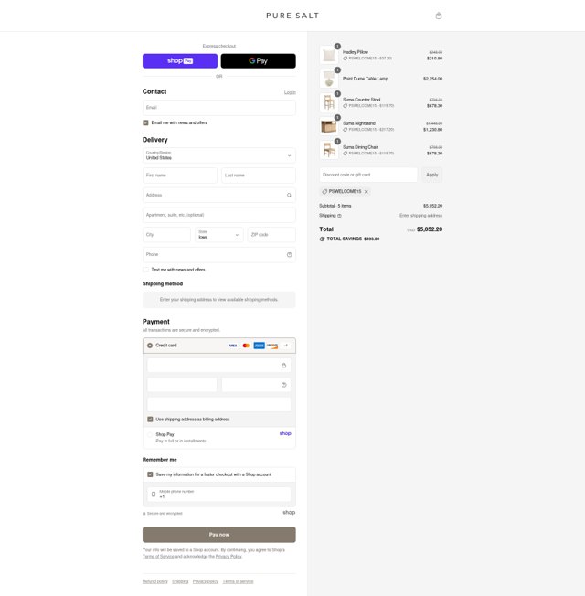 Pure Salt checkout page showing Pure Salt discount code box | Screenshot taken by SimplyCodes community member on Aug 26, 2025