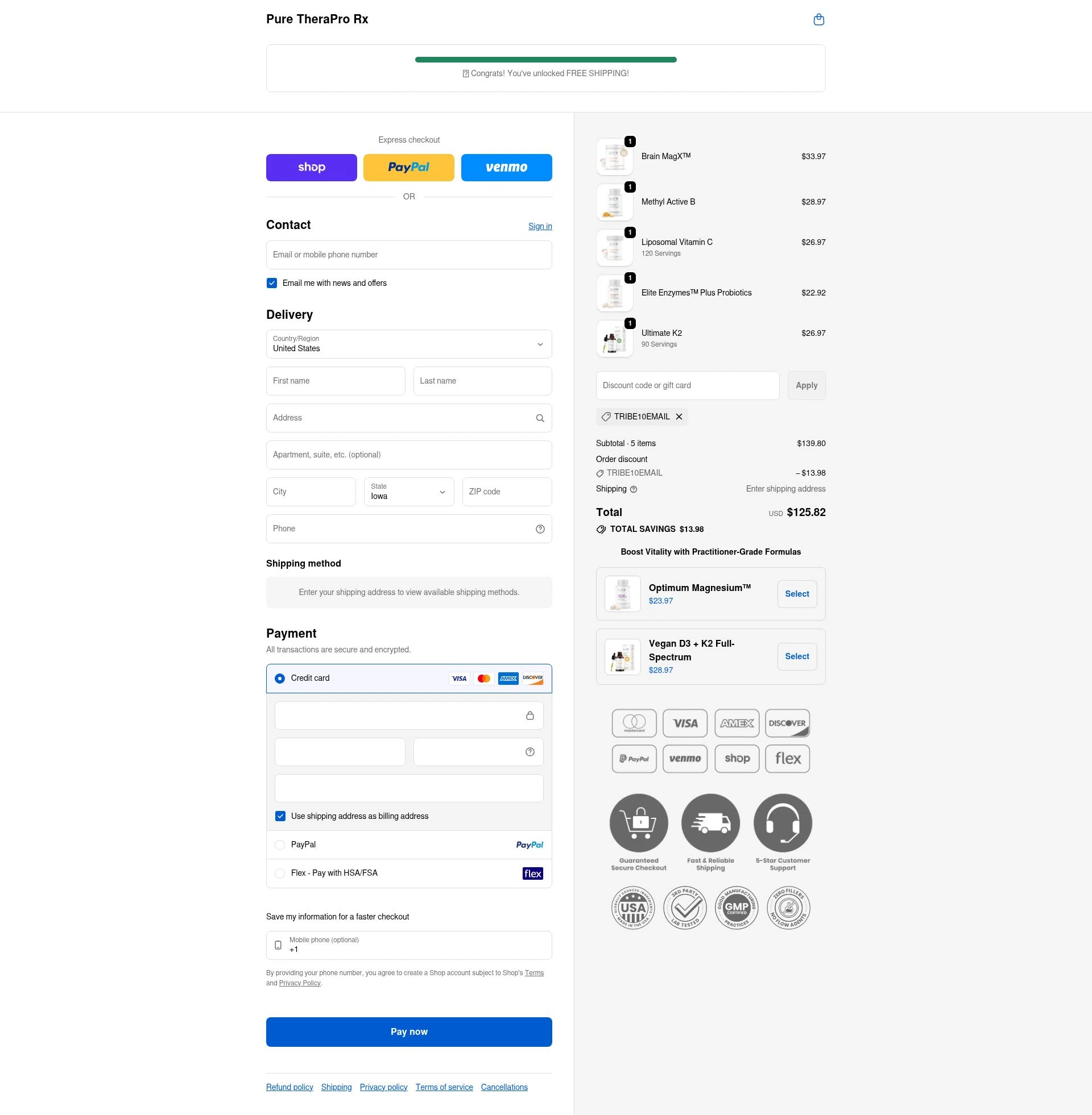 Pure TheraPro Rx checkout page showing Pure TheraPro Rx coupon code box | Screenshot taken by SimplyCodes community member on Feb 5, 2026