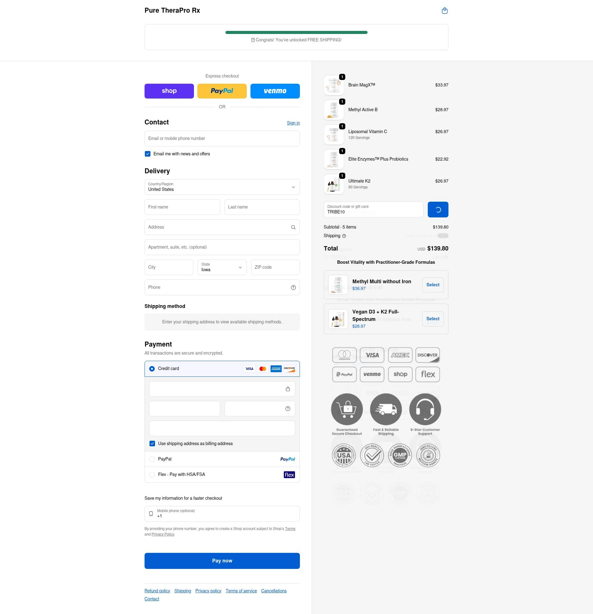 Pure TheraPro Rx checkout page showing Pure TheraPro Rx coupon code box | Screenshot taken by SimplyCodes community member on Feb 9, 2026