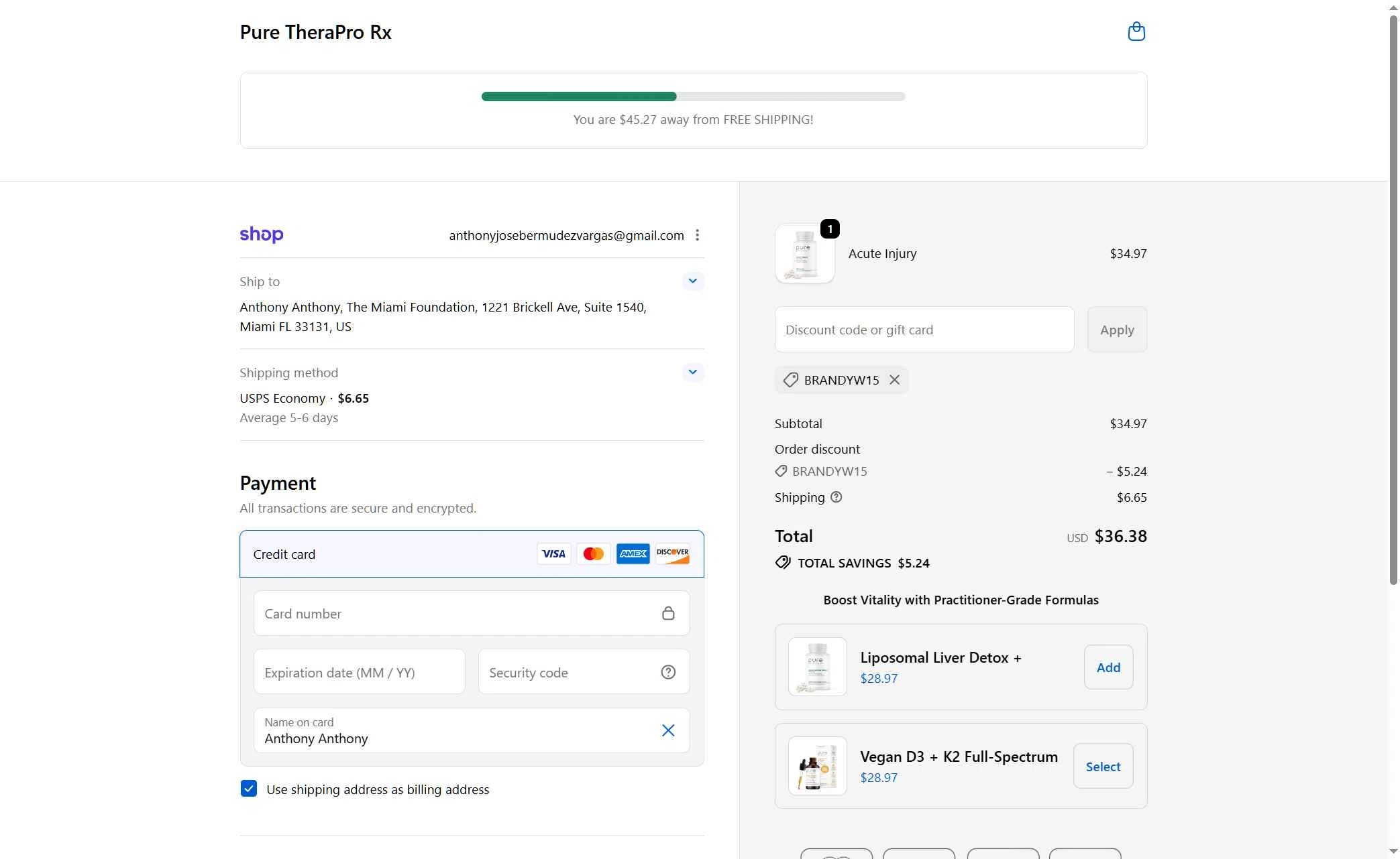 Pure TheraPro Rx checkout page showing Pure TheraPro Rx coupon code box | Screenshot taken by SimplyCodes community member on Feb 9, 2026