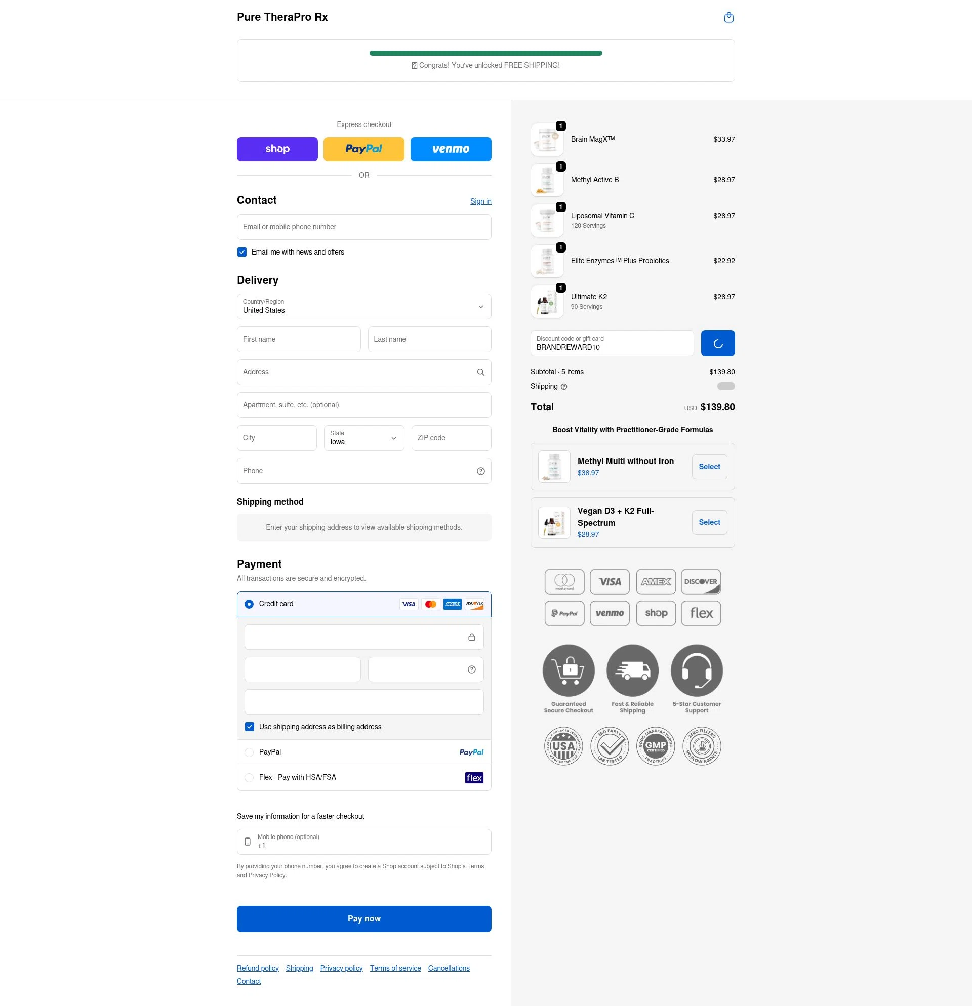 Pure TheraPro Rx checkout page showing Pure TheraPro Rx coupon code box | Screenshot taken by SimplyCodes community member on Feb 9, 2026